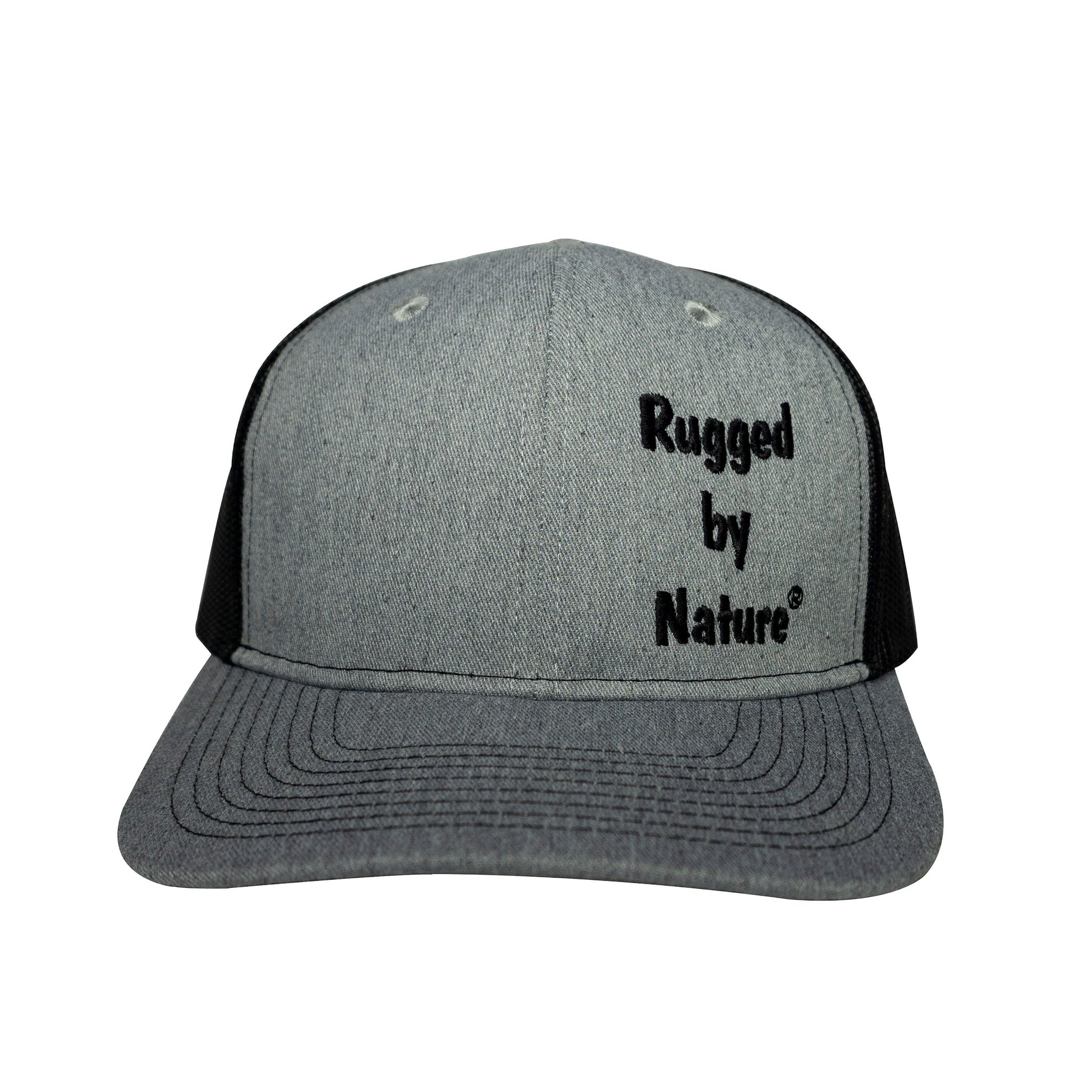 Rugged By Nature® Gray Bill, Front Panels With Rugged By Nature ® Embroidery.  Back Panels Black Mesh. Baseball Style Hat.