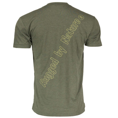 Rugged by Nature® logo, short sleeve heather tee shirt, consists of 50% Combed Cotton for soft feel and 50% Polyester for wicking. Made In U.S.A