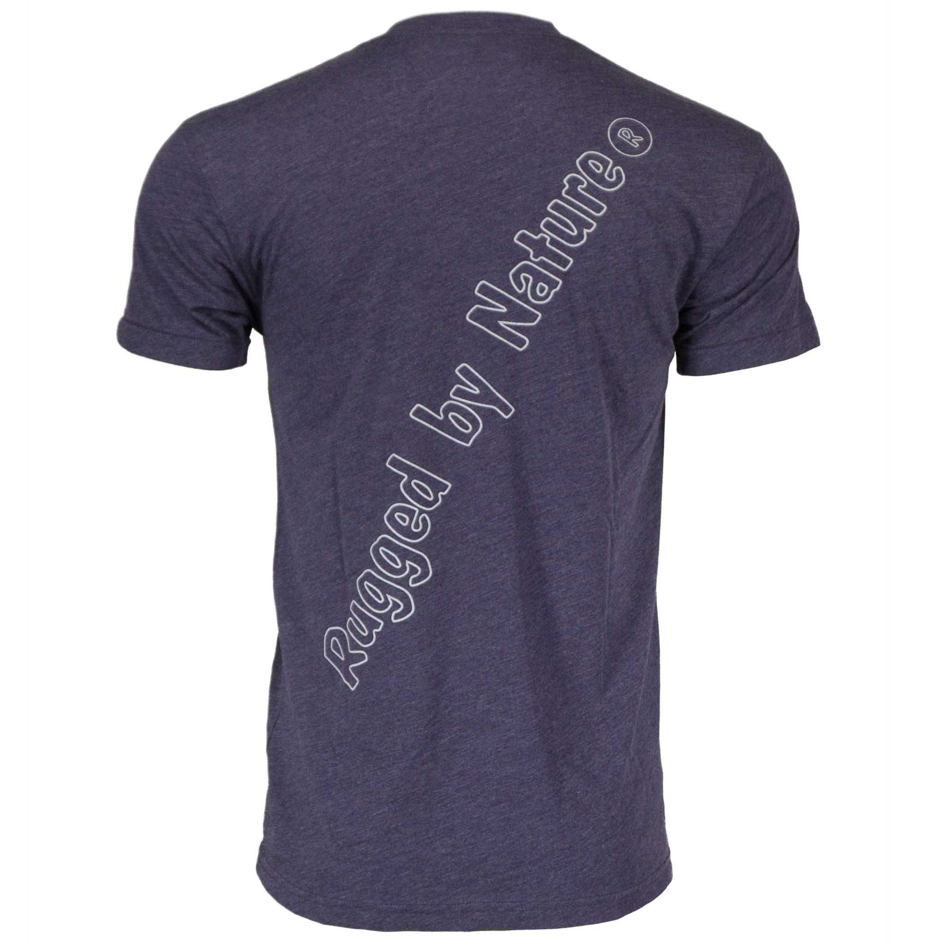 Rugged by Nature® logo, short sleeve heather tee shirt, consists of 50% Combed Cotton for soft feel and 50% Polyester for wicking. Made In U.S.A