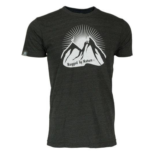 Rugged by Nature® Ibex goat short sleeve black heather tee shirt.  Consists of 50% Polyester, 25% Rayon, 25% Ring-Spun Cotton. Made In USA.