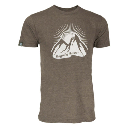 Rugged by Nature® Ibex goat short sleeve coffee heather tee shirt.  Consists of 50% Polyester, 25% Rayon, 25% Ring-Spun Cotton. Made In USA.