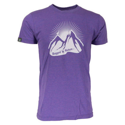 Rugged by Nature® Ibex goat short sleeve purple heather tee shirt.  Consists of 50% Polyester, 25% Rayon, 25% Ring-Spun Cotton. Made In USA.