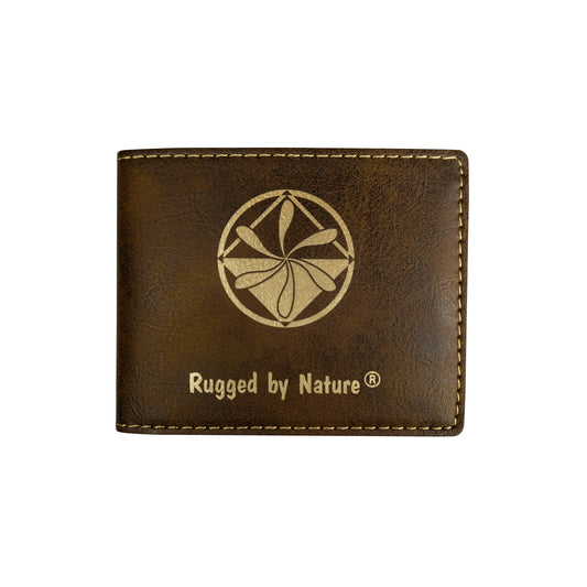 Rugged By Nature® Vegan Leather Wallet Face With Laser Engraved Logo and Brand.