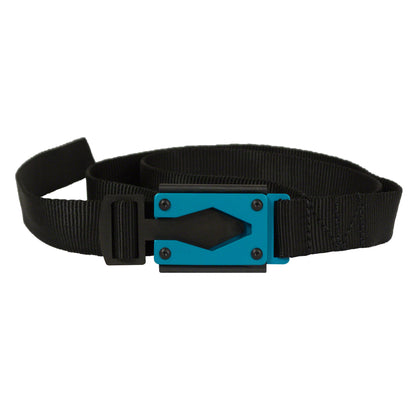 Rugged By Nature® Fire Buckle® Color, Black Belt Made With Mil Spec Tubular Webbing. Light Blue Buckle Color. Made In USA