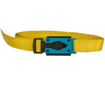 Rugged By Nature® Fire Buckle® Color, Yellow Belt. Light Blue Buckle Color. Made In USA