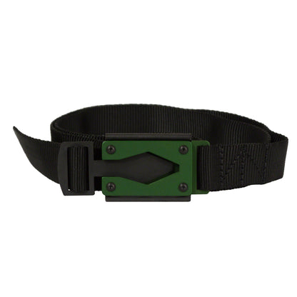 Rugged By Nature® Fire Buckle® Color, Black Belt Made With Mil Spec Tubular Webbing. Green Buckle Color. Made In USA