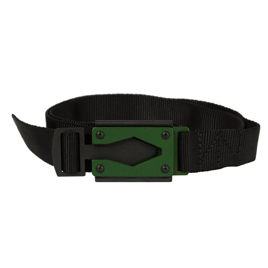 Rugged By Nature® Fire Buckle® Color, Black Belt Made With Mil Spec Tubular Webbing. Green Buckle Color. Made In USA