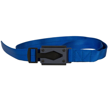 Rugged By Nature® Fire Buckle® Color, Blue Belt Made With Mil Spec Tubular Webbing. Gun Metal Gray Buckle Color. Made In USA