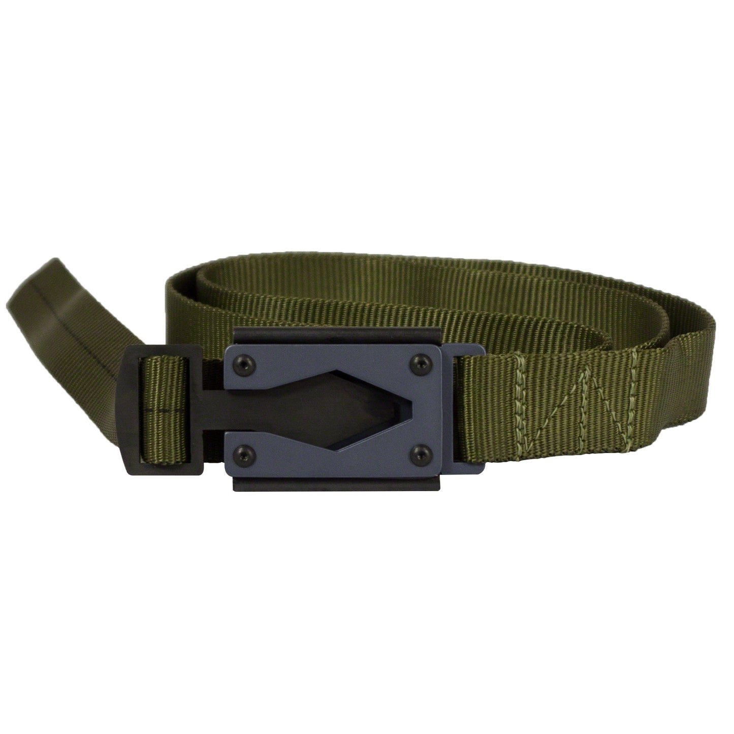 Rugged By Nature® Fire Buckle® Color, Green Belt Made With Mil Spec Tubular Webbing. Gun Metal Gray Buckle Color. Made In USA