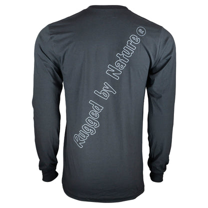 Rugged By Nature® logo, long sleeve 100% cotton tee shirt back. Color dark gray.