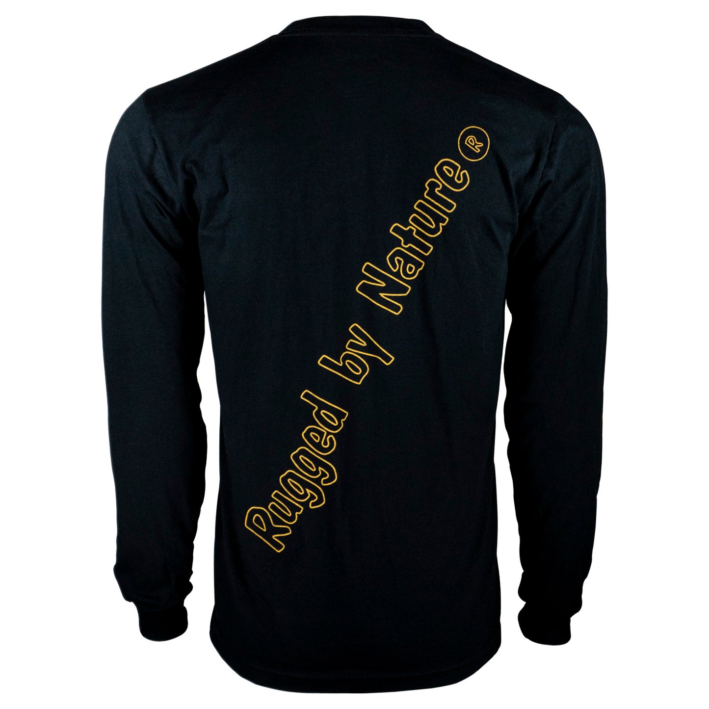 Rugged By Nature® logo, long sleeve 100% cotton tee shirt front. Color black.