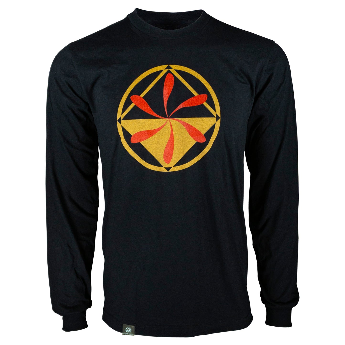 Rugged By Nature® logo, long sleeve 100% cotton tee shirt front. Color black.