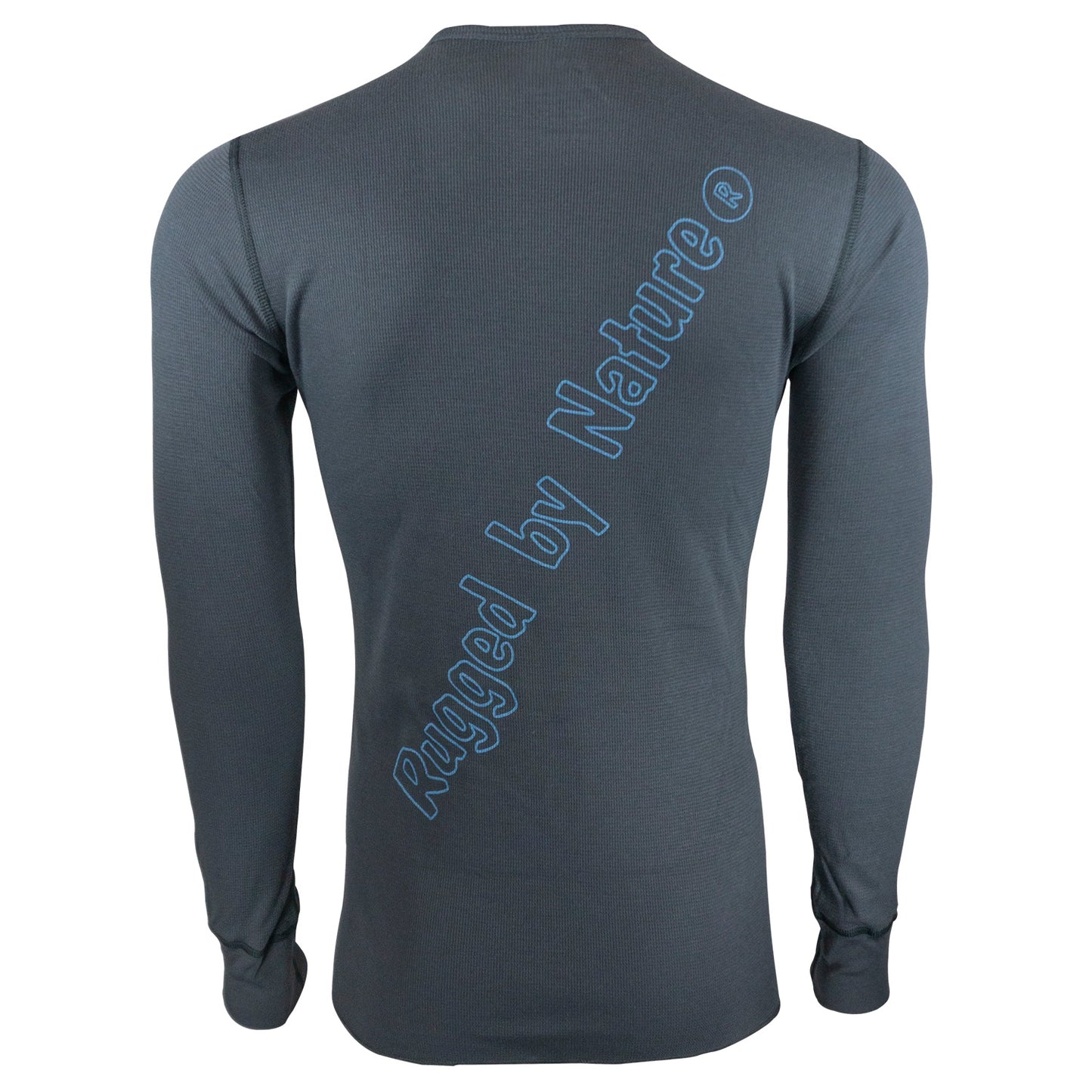 Rugged By Nature® logo, long sleeve thermal tee shirt back, gray